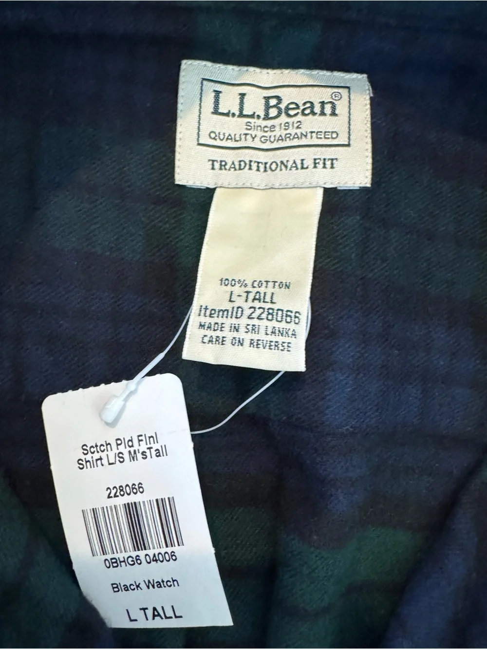 NWT LL Bean Flannel Shirt Men L TALL Blue Green Scotch Plaid Button Down Outdoor